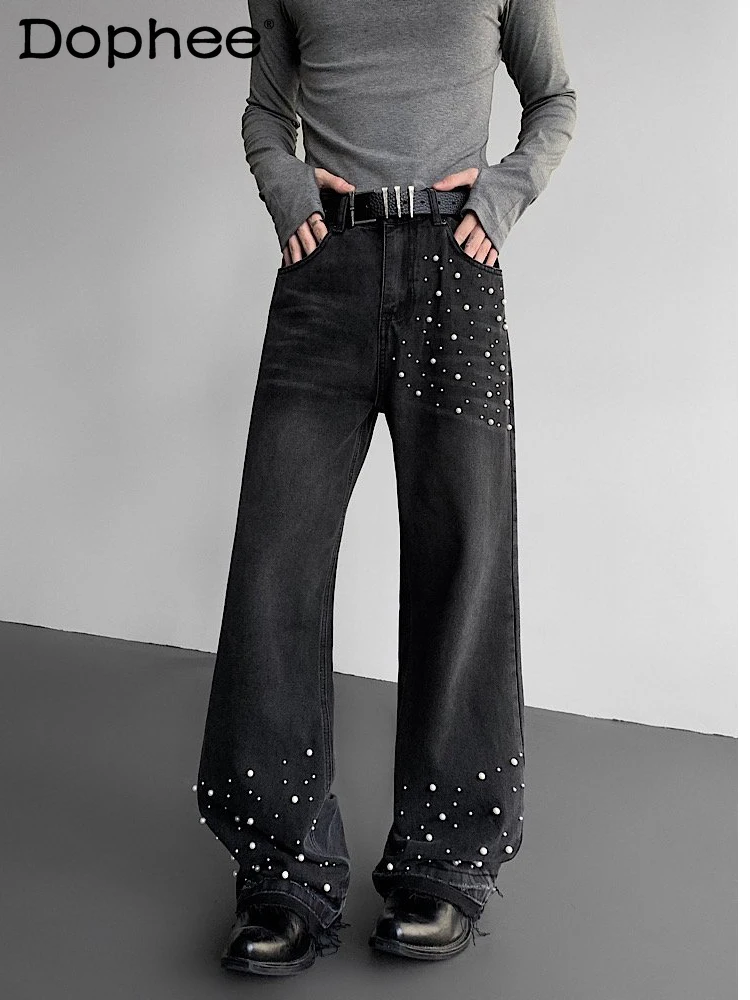 

American High Street Trend Heavy-duty Stitched Black Jeans Autumn New Casual Versatile Loose Straight Wide-leg Pants for Men