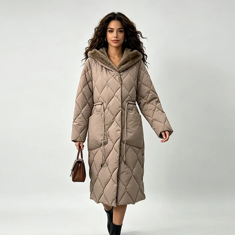 -20 Degrees Winter Women Fleece Collar Hooded Long Parkas With Belt Female Thicken Warm Jacket Parkas Slim Outwear Long Coats