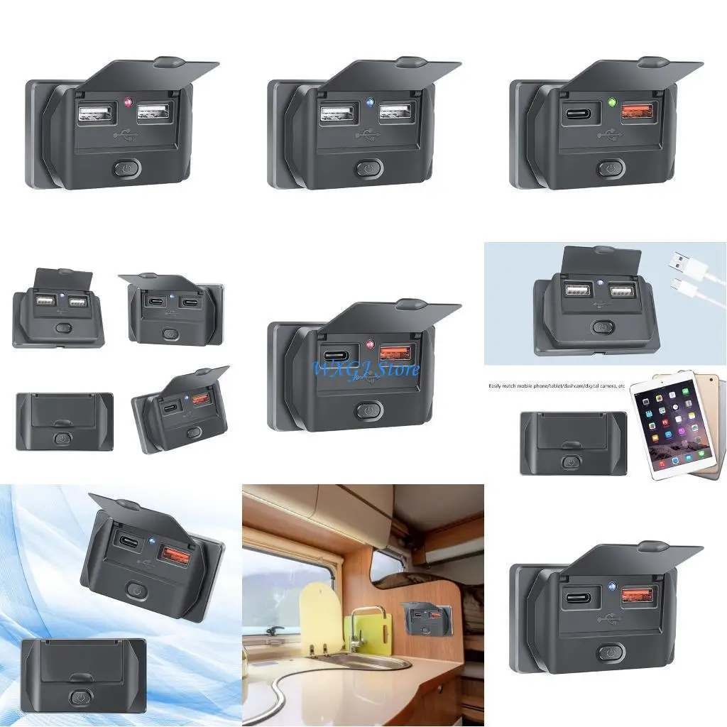 

37JE Car Power Adapter 12V-24V Charging Port USB Outlet with Caps Power Switch Type-C/USB A/USB A+Type C Port