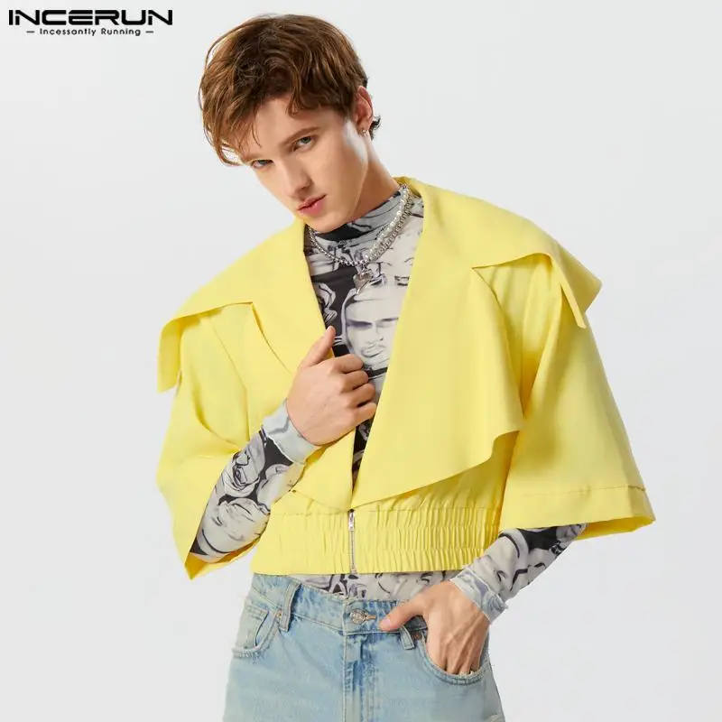 

INCERUN Tops 2023 American Style Handsome New Men Large Lapel Collar Design Jackets Fashionable Solid Cropped Jackets Coat S-5XL