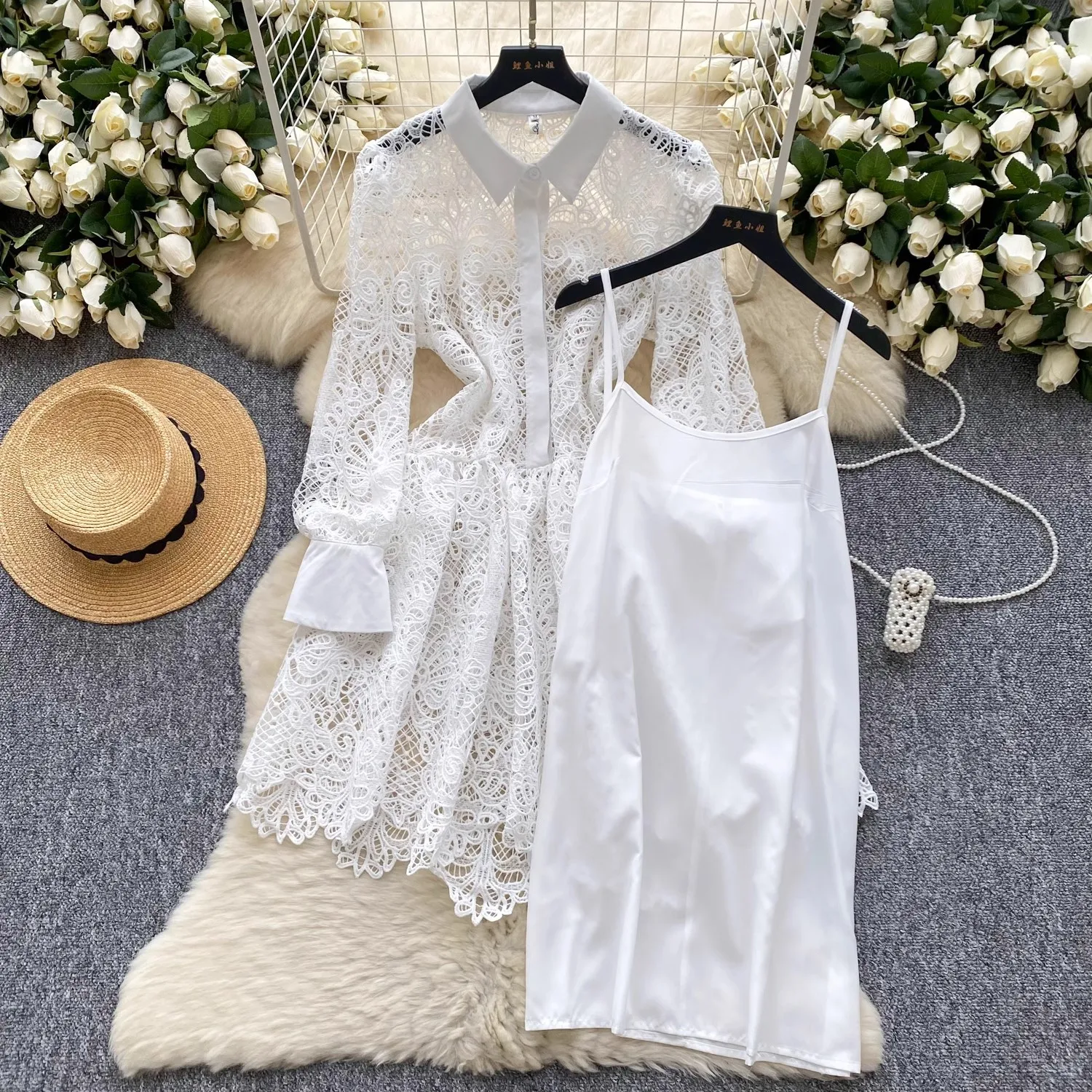 New Spring Autumn White Lace Hollow Out Shirt Dress Vintage Women's Lapel Single Breasted Spliced Long Sleeve Short Party Dress