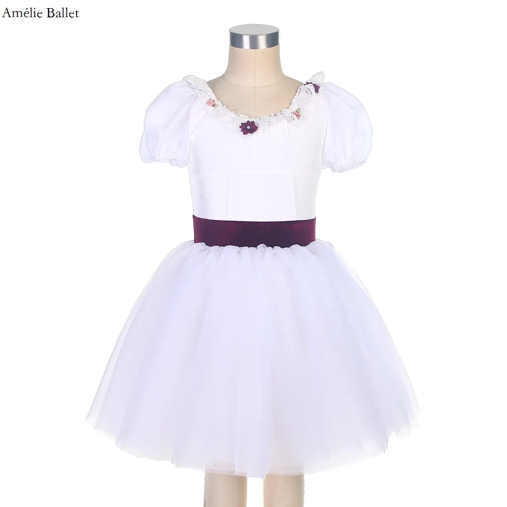 

22013 White Puff Sleeves Spandex Leotard with Layers of White Tulle Tutu Skirt for Girls & Women Ballerina Performance Dress