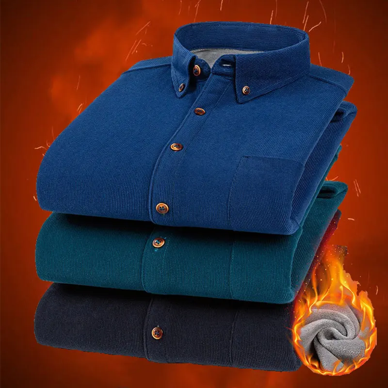 

Новая осенне-зимняя утолщенная однотонная мужская вельветовая теплая рубашка большого размера в деловом стиле без глажки.