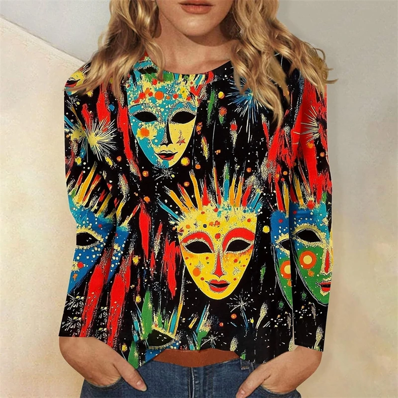 Mardi Gras Mask Print Women Sweatshirt 2025 New Design Graphic Round Neck Sweatshirt Carnival Streetwear Fashion Trend Hoodie