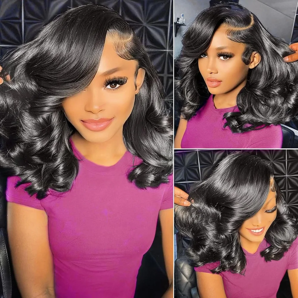 

Bob Wig Human Hair 13x1 Body Wave Lace Front Glueless Pre Plucked Wig 180% Density Short Bob for Black Women Natural Black