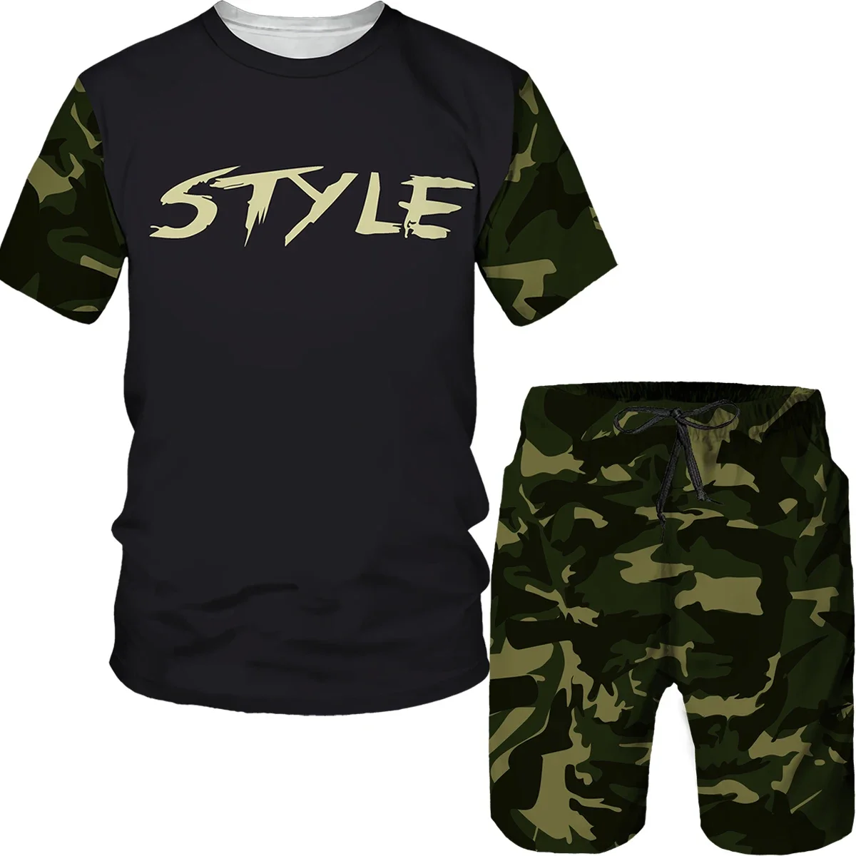 Summer Camouflag Print Set Suit Hip Hop Harajuku Sports 2 Piece Oversized Sportswear Tshirt Beach Shorts Outfits Clothes For Men