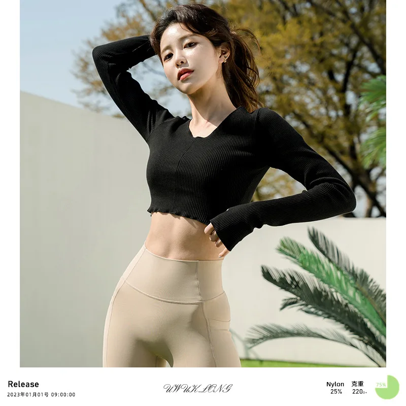 Pure color Long Sleeve Yoga Shirts Women Gym Pilates Fitness Slim Sexy V-neck Crop Top Outdoor Training Elastic Soft Tops