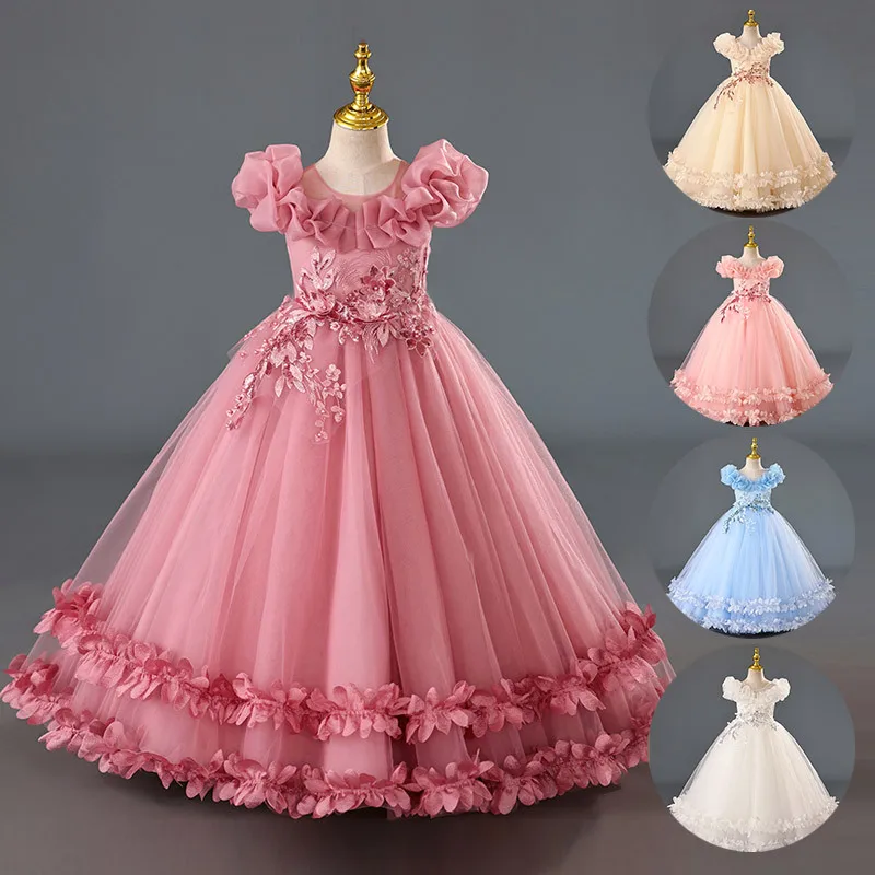 Luxury Girls Party Dresses Flower Embroidery Wedding Bridesmaid White Princess Dress Girls Pageant Vestidos Piano Perforn Gown