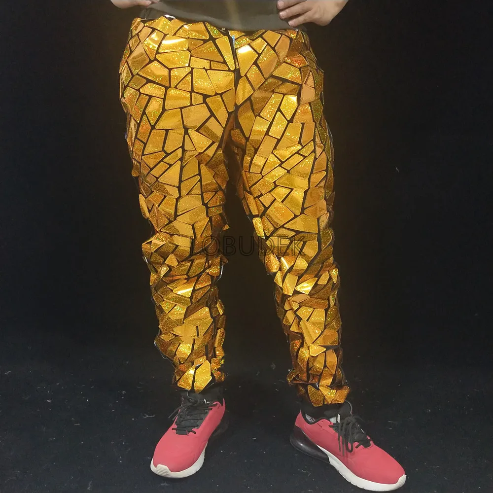 Men's Hip Hop Jazz Dance Cargo Pants Loose Trousers Glitter Gold Silver Laser Mirror Sequins Casual Pants Dance Costume