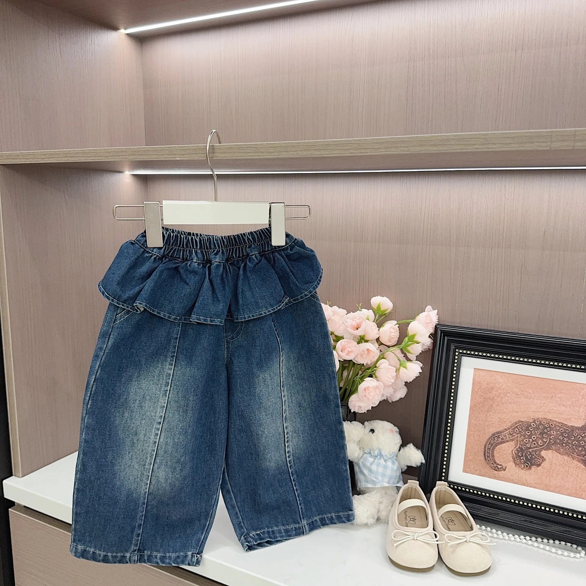 2026 Fall 0 To 5 Years Girls Toddler Baby Stylish Trendy Washed Diaper Cover Jeans Pants Straight Pants Casual