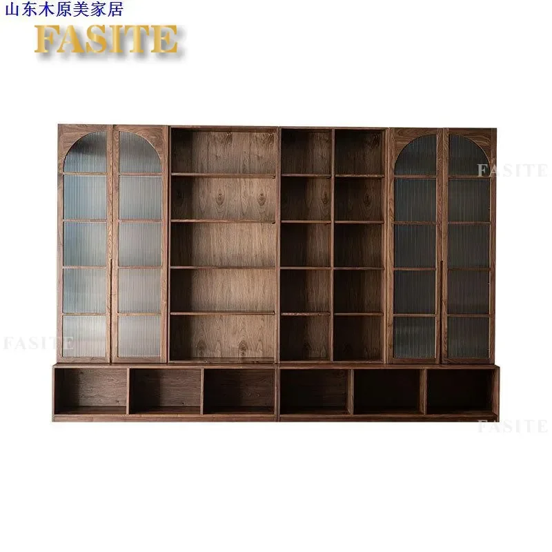 For Nordic Solid Wood Combination Bookcase Living Room Floor to Ceiling Bookshelf Whole Wall Display Cabinet Black Walnut
