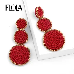 FLOLA Fashion Big Red Earrings for Women Bohemian Long Beaded Earrings Handmade Boho Jewelry Beach oorbellen ersq52