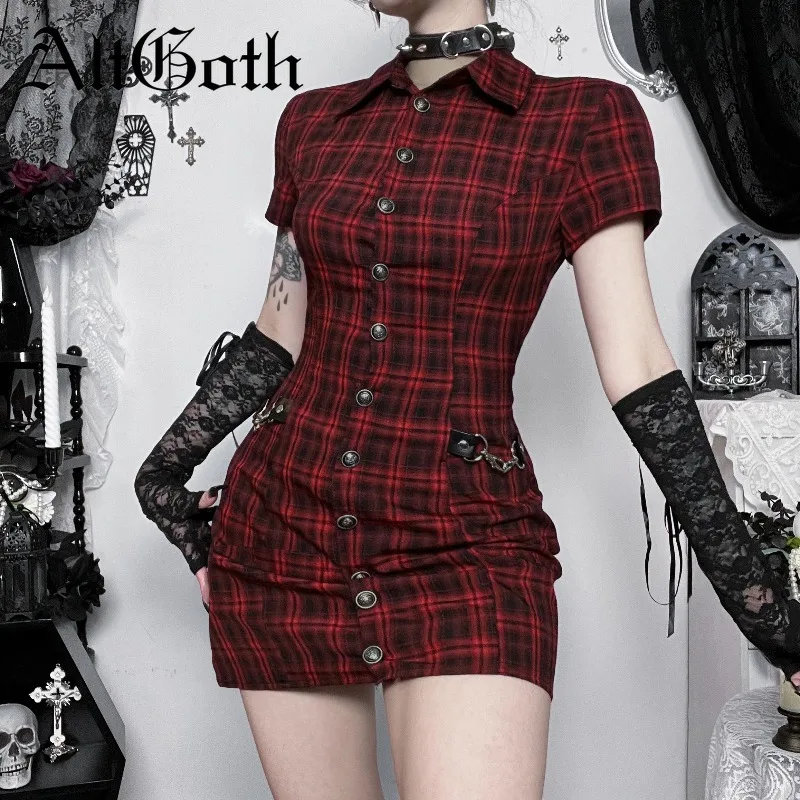 

AltGoth Harajuku Vintage Red Plaid Dress Women Dark Gothic Streetwear Y2k E-girl Emo Alternative Grunge High Waist Bodycon Dress