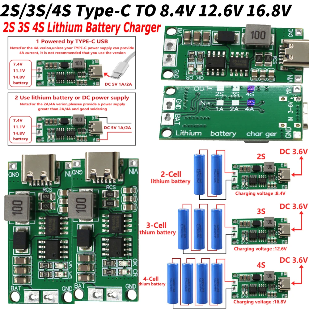 Multi-Cell 18650 Lithium Battery Charger Module 2S 3S 4S 1A 2A 4A Type-C To 8.4V 12.6V 16.8V Step-Up Boost LiPo Polymer Charger