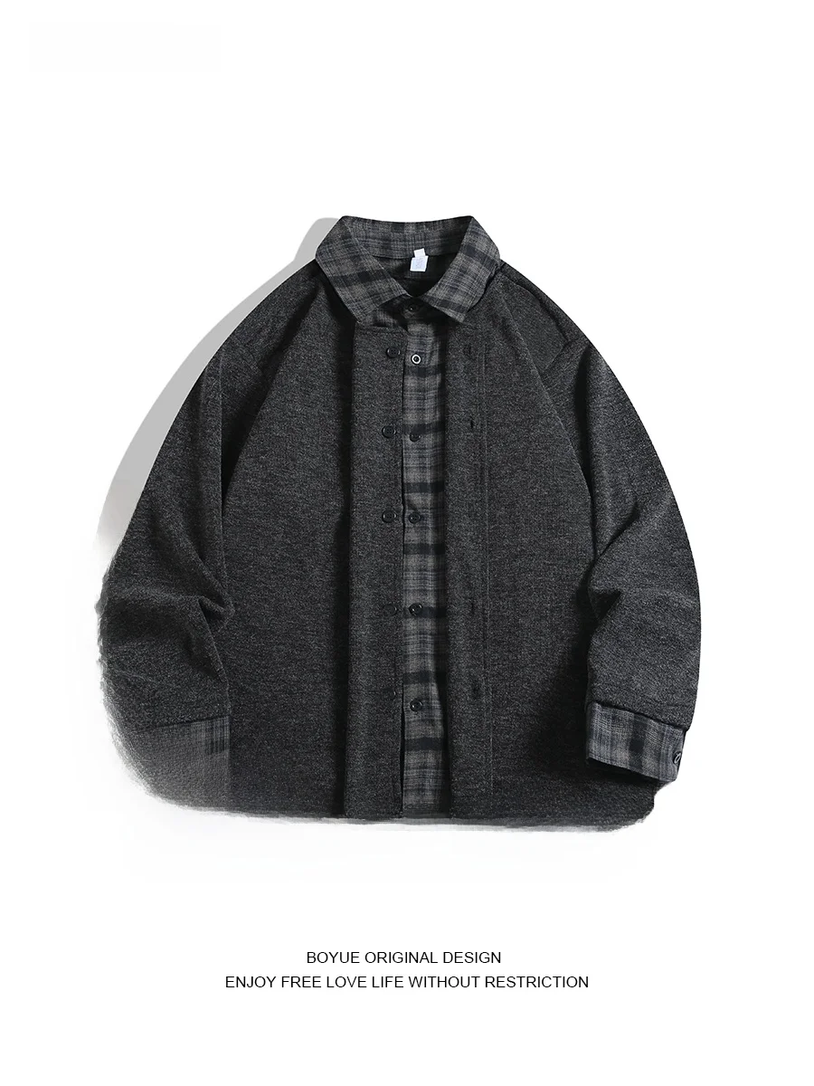 

Boyue Retro Casual Collar irt Men's Plaid Versatile Patchwork Sweater Long Sve Loose Fit Button up Autumn Faion irt