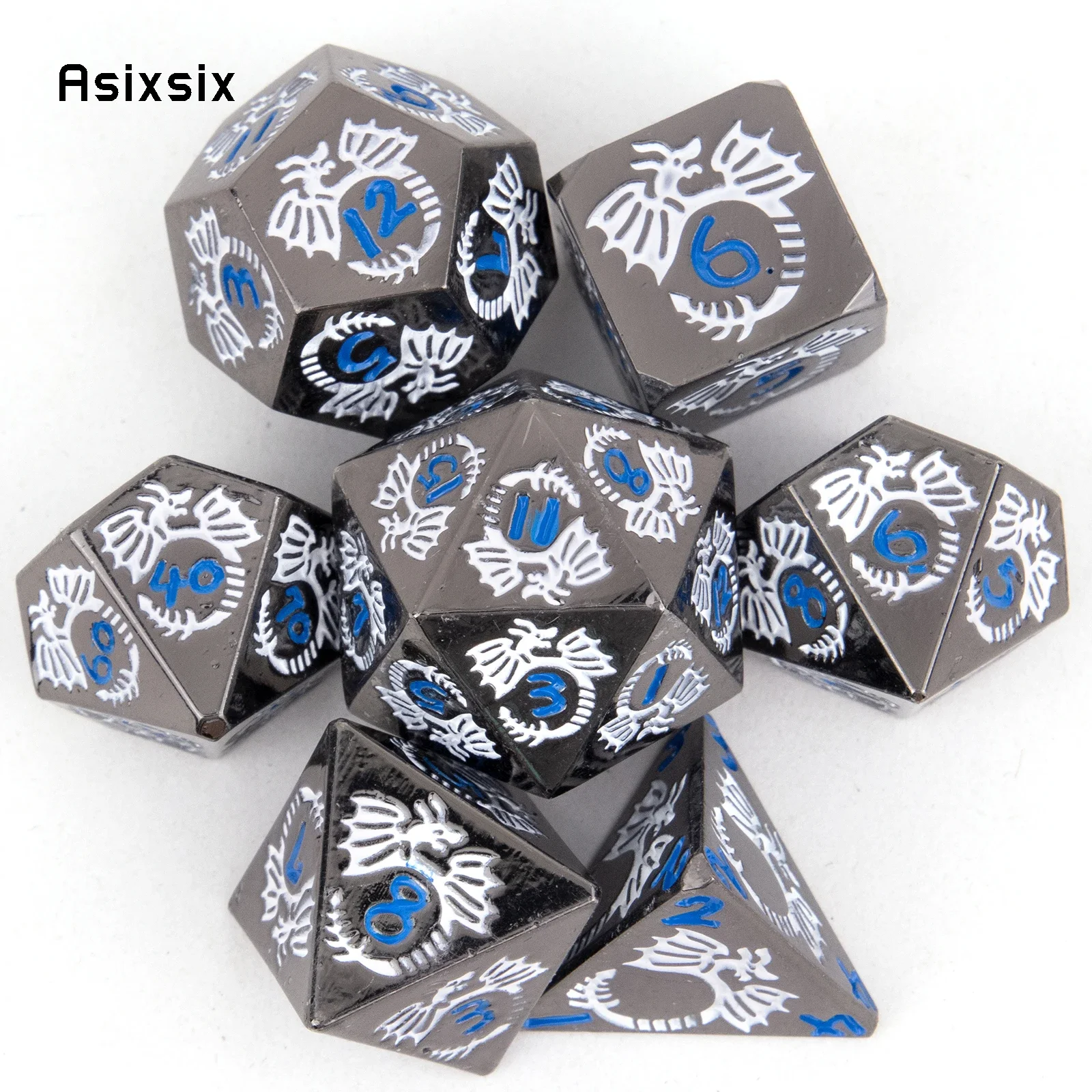 

7 Pcs Silver White Dragon Metal Dice Solid Metal Polyhedral Dice Set Suitable For Role-Playing RPG Gift Card Game