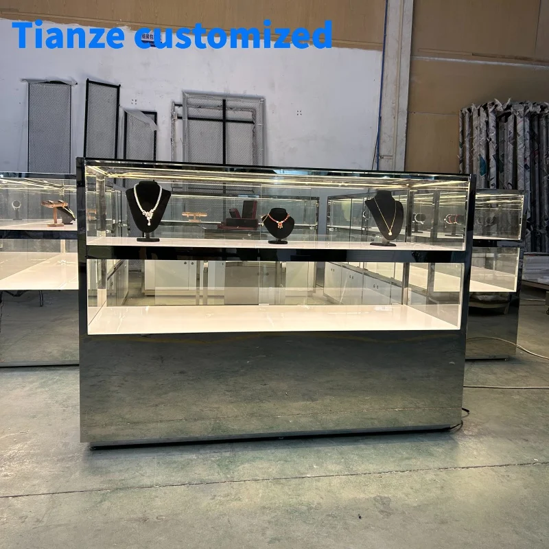 

[Customized] new custom modern stainless steel jewelry kiosk mirror plating design watch glass jewellery showcase display cabine