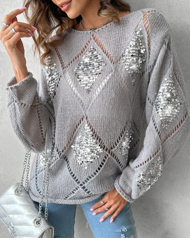 Casual Knit Sweater for Women 2023 New Winter Round Neck Long Sleeve Medium Stretch Argyle Pattern Contrast Sequin Daily Sweater