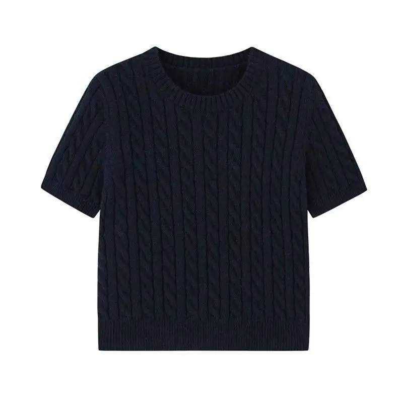 Korean Style round Neck Twisted Knit Short Sleeve T-Shirt Women's Casual Versatile Summer Top Comfortable Fit Medium Softness