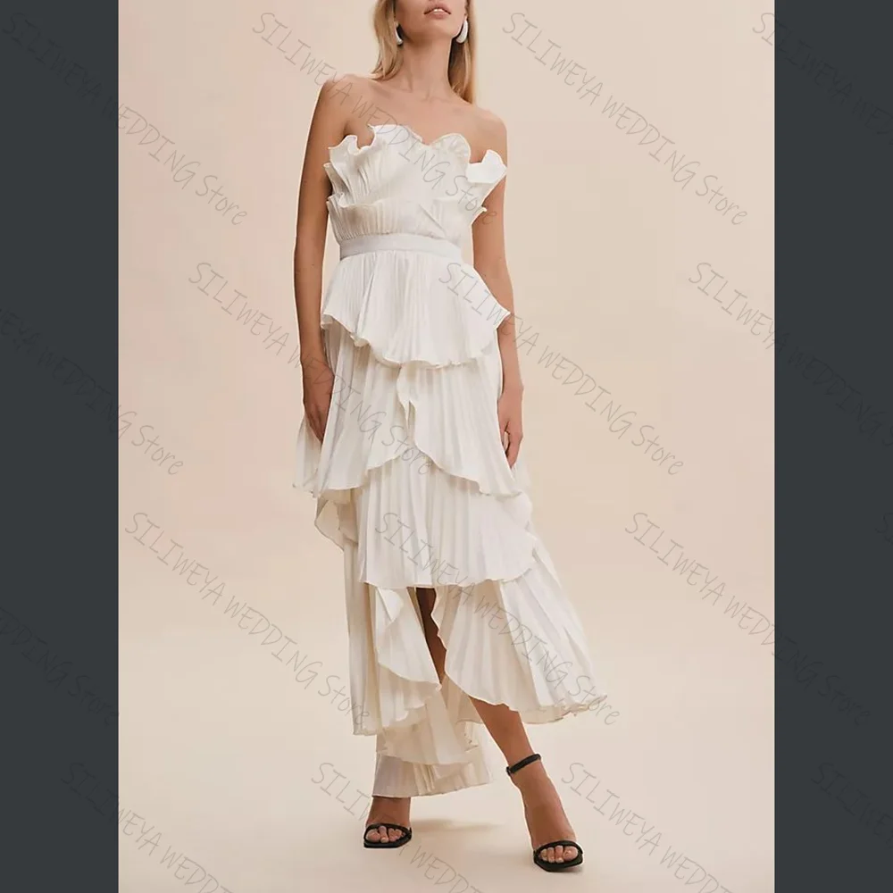 

White Layered Pleating Chic Prom Dresses Elegant Strapless A-Line Tea-Length Female Party Evening Gown
