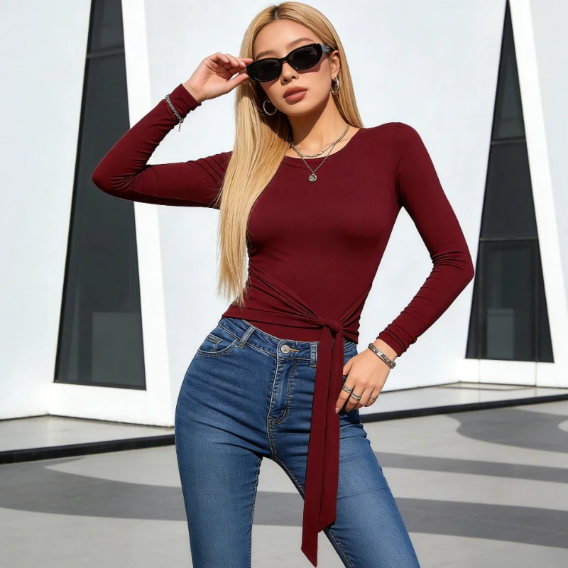 

Горячие предложения Женская блузка в корейском стиле с длинным рукавом и воротником-стойкой, весенний топ, облегающая блузка с узлом спереди и рюшами, элегантные однотонные футболки