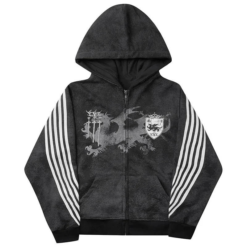 

Autumn Winter Casual Loose Party Harajuku Zipper Coat American High Street Vintage INS Hip Hop Striped Print Long Sleeved Hoodie