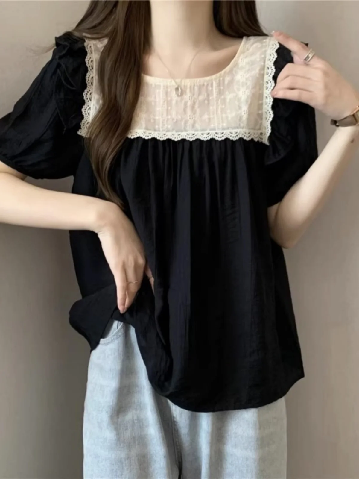 Blusa Holgada de Gasa para Mujer, Diseño Nuevo de Verano, Adorno de Encaje, Estilo Coreano, Cuello Redondo, Línea Recta...