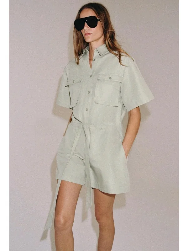 Summer Women's Shirt Style Belted Romper with Multiple Buttons Short Sleeve Turn-down Collar Diamond Embellished Mid-waist