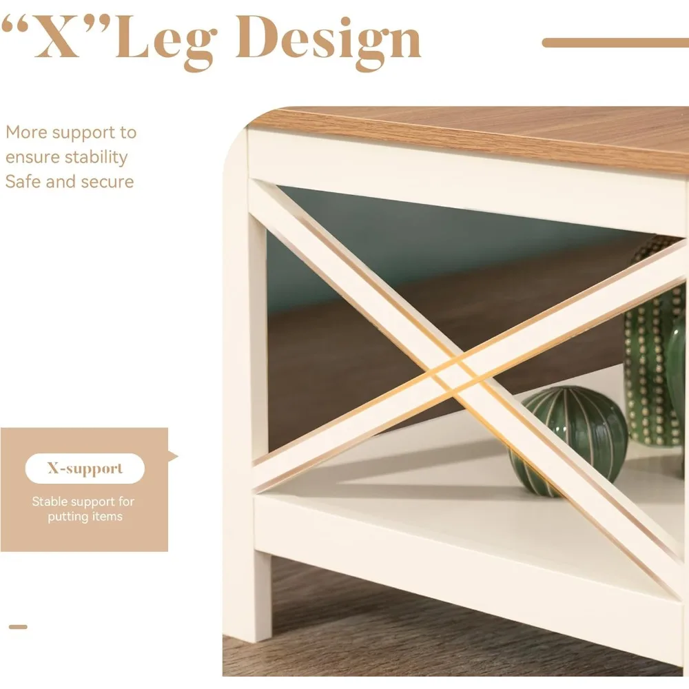Coffee Table with Storage, Farmhouse Coffee Tables for Living Room 2-Tier Modern Coffee Table, Ivory