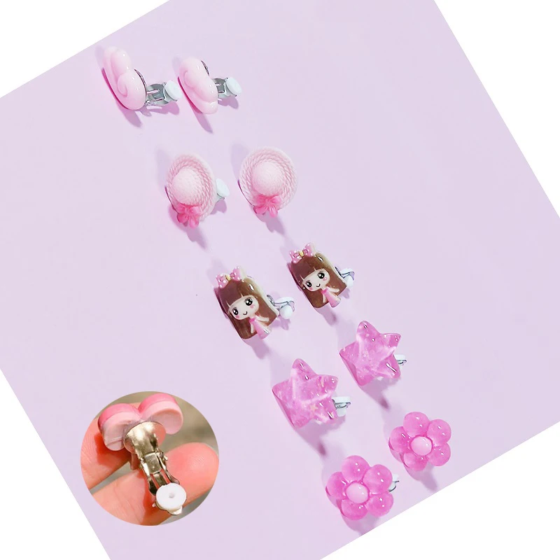 5pairs Cute Pink Color Cartoon Star Girl Hat Ear Clips Children Clip Earrings Girl Resin no Piercing earring for children kids