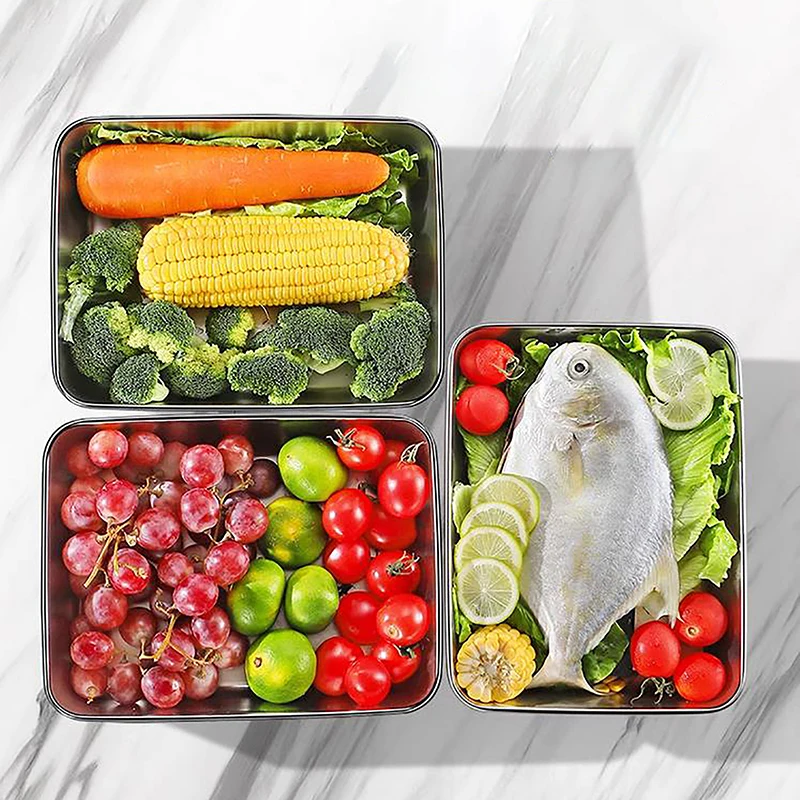 Stainless Steel Square Plate With Lid Rectangular Food Storage Pan Commercial Dish Tray Large Refreshing Lunch Box Container