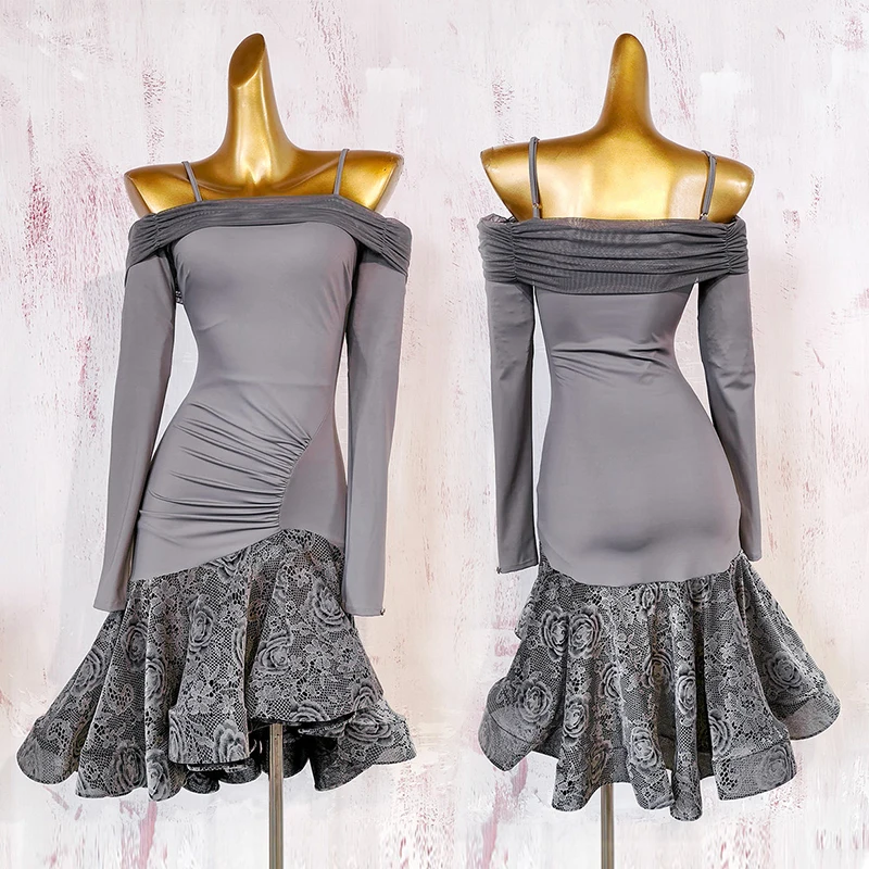 2026 Off Shoulder Latin Dance Dress Women Long Sleeve Lace Dress Adult Latin Performance Stage Clothes Rumba Practice Wear 5987