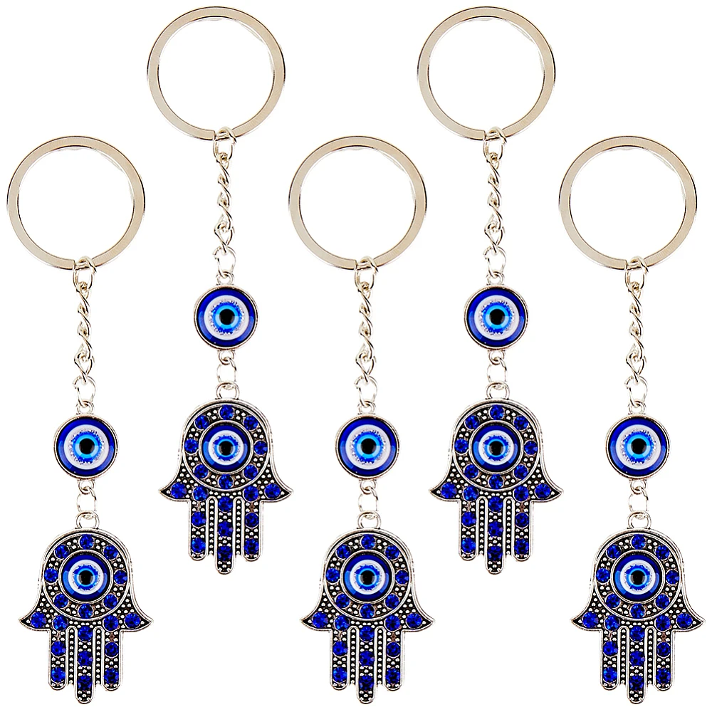 5Pcs Blue Hamsa Hand Key Chain Keychain Decoration with Key Rings Lucky Alloy Enamel Hanging Ornament Pendant Charms Keychains