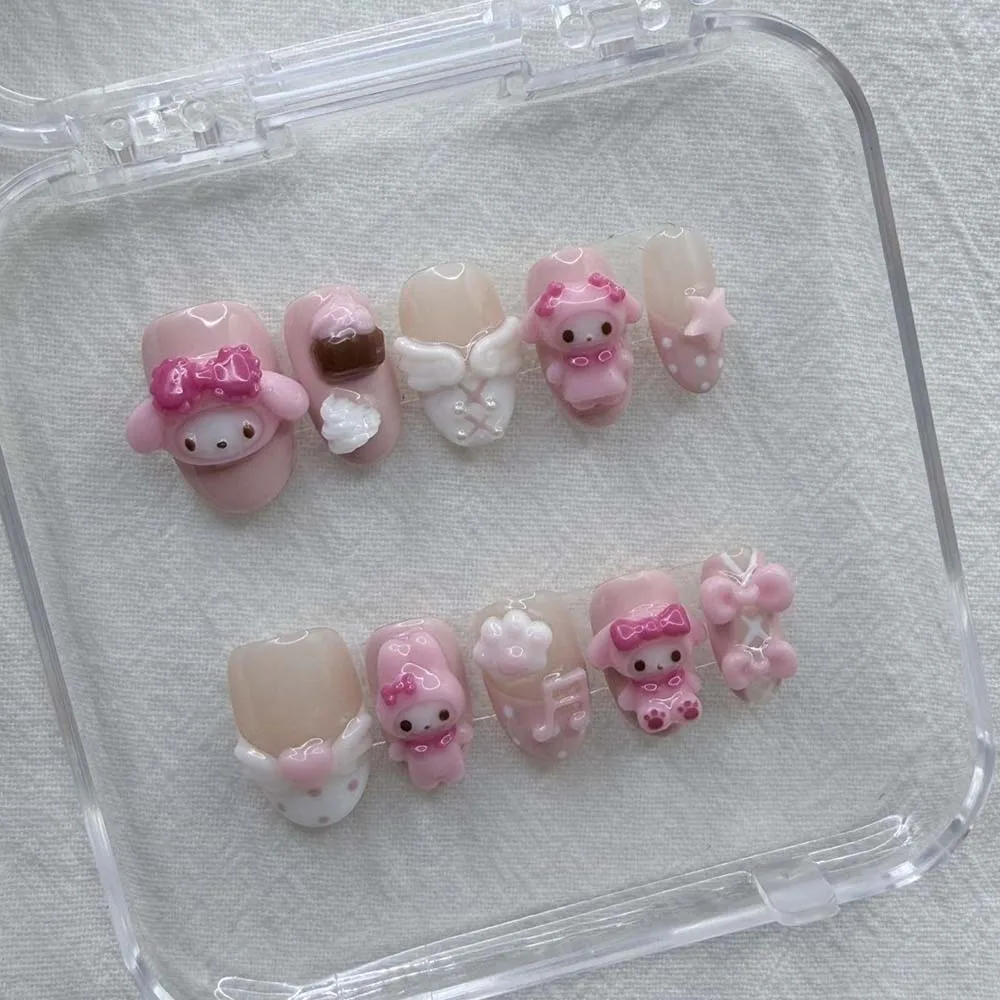 

Kawaii Pink 3D Doll My Melody Press On Nails Art Handmade Short Round Almond Shaped Sweet Polka Dots Wings Love Note Fake Nails