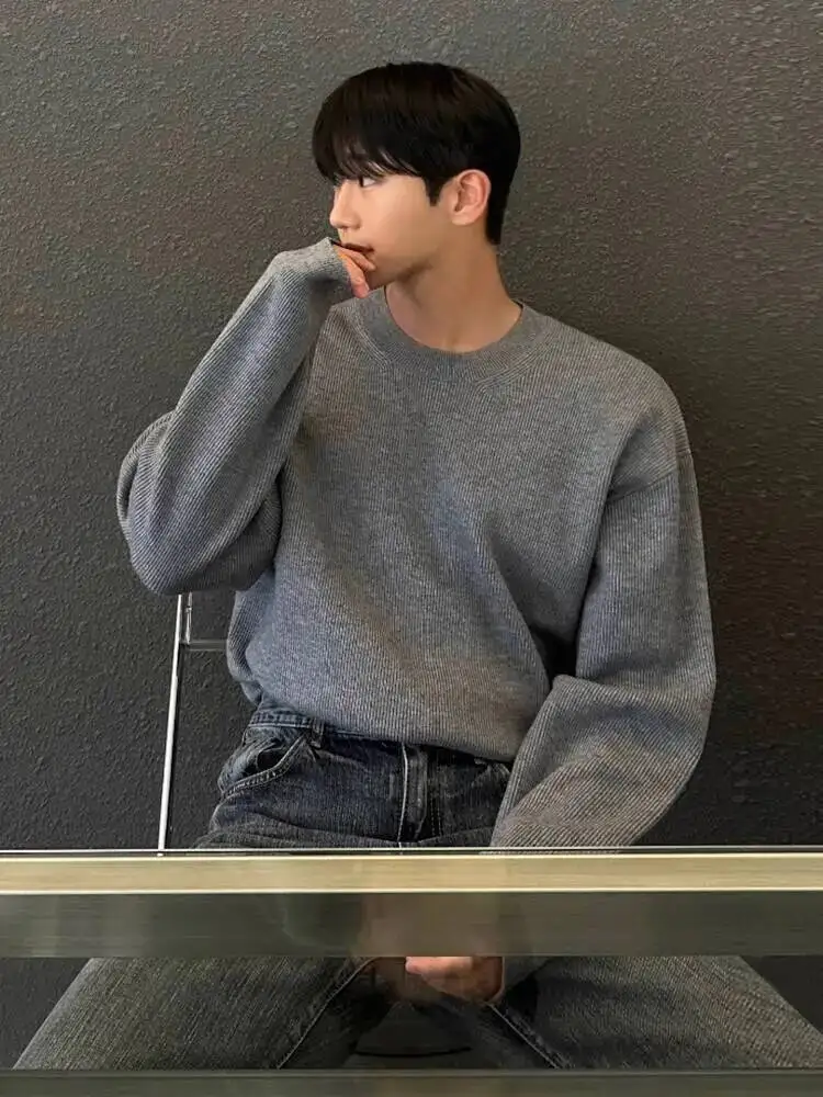 

2025 Winter Korean Style Men's Sweaters Round Collar Solid Color Knitting Tops Loose Thickened Male Pullovers Tops