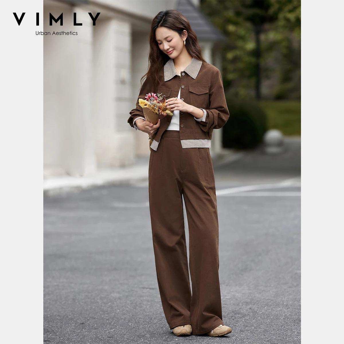 

VIMLY Two-piece Women's Autumn 2025 Set 100% Cotton Safari Style Striped Polo Spliced Tops Long Pants Ladies Trouser Sets A2572
