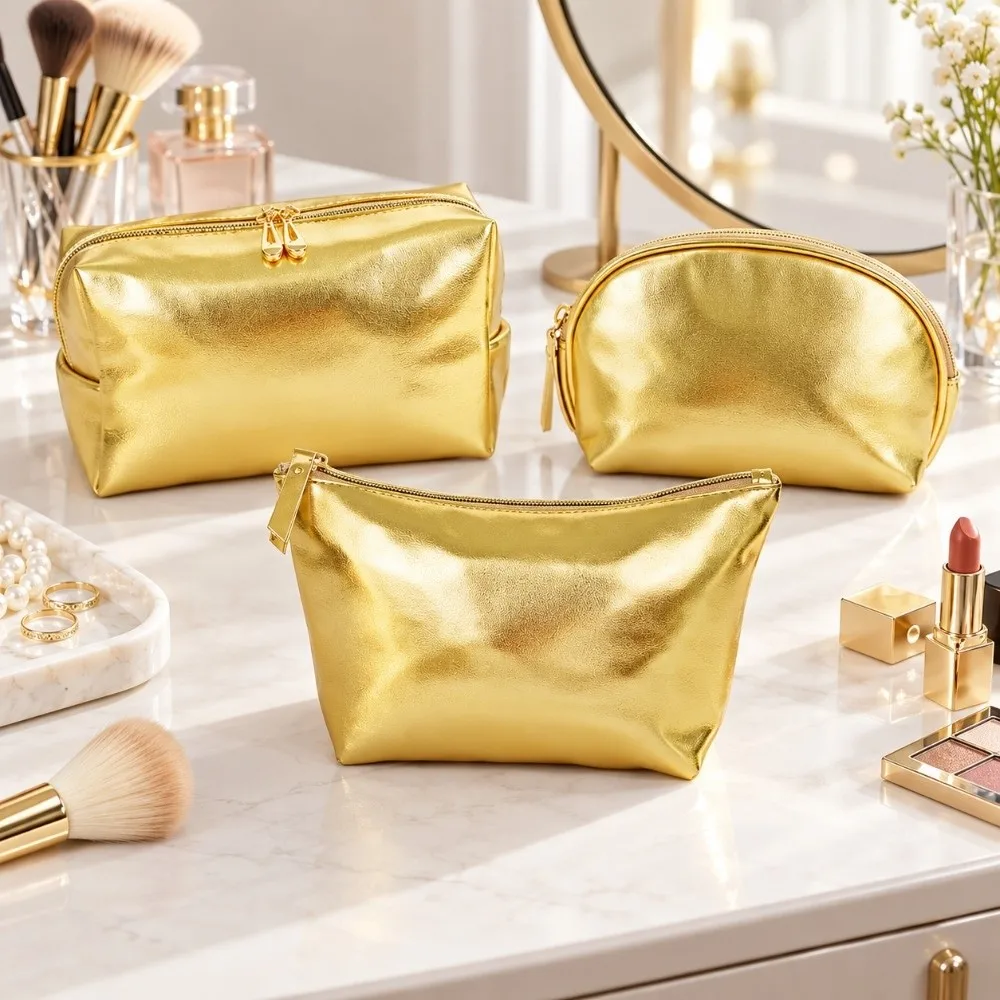 Portable Silver/Gold Handheld Makeup Bag Waterproof Zipper Closure Cosmetic Bag PU Leather Soft Makeup Pouch Cosmetic Storage