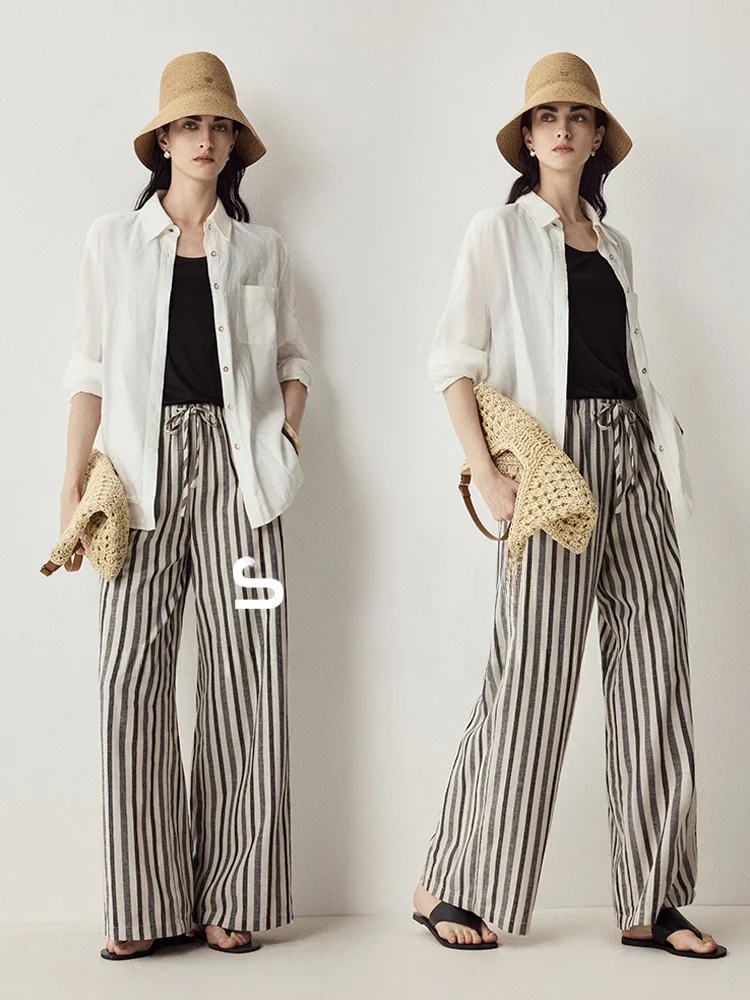

Casual Breathable Linen Wide Leg Light Summer Holiday Striped Pants Comfortable Loose Fit Women's Leisure Trousers