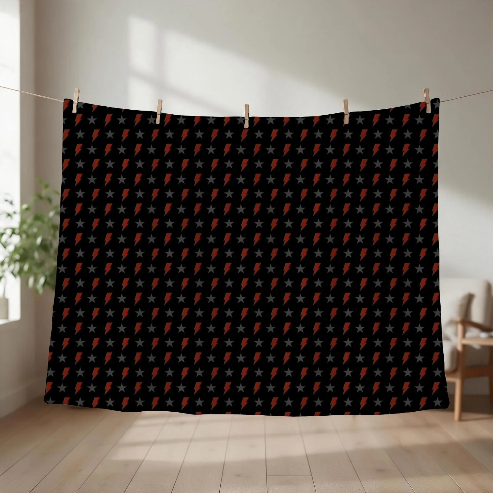 Red Bolt and Blackstar on Black Bowie Pattern Throw Blanket couch cozy soft plush fuzzy picnic outdoor blanket
