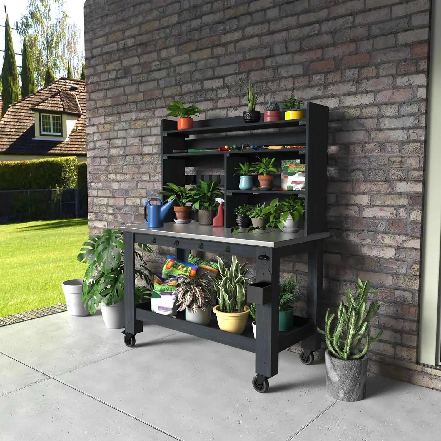 Table Large Outdoor Kitchen Island Prep Station with Stainless Steel Top Waterproof Cover, Hardwood, 66.9