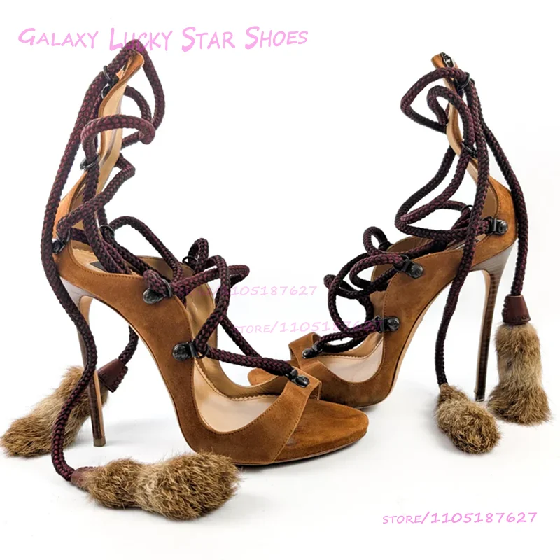 

Brown Fluffy Ball Tassel Strap Sandals Women Peep Toe Suede Hollow Heels Ankle Straps Girls Cool Zip Tassel-Tie Hot Chick Shoes