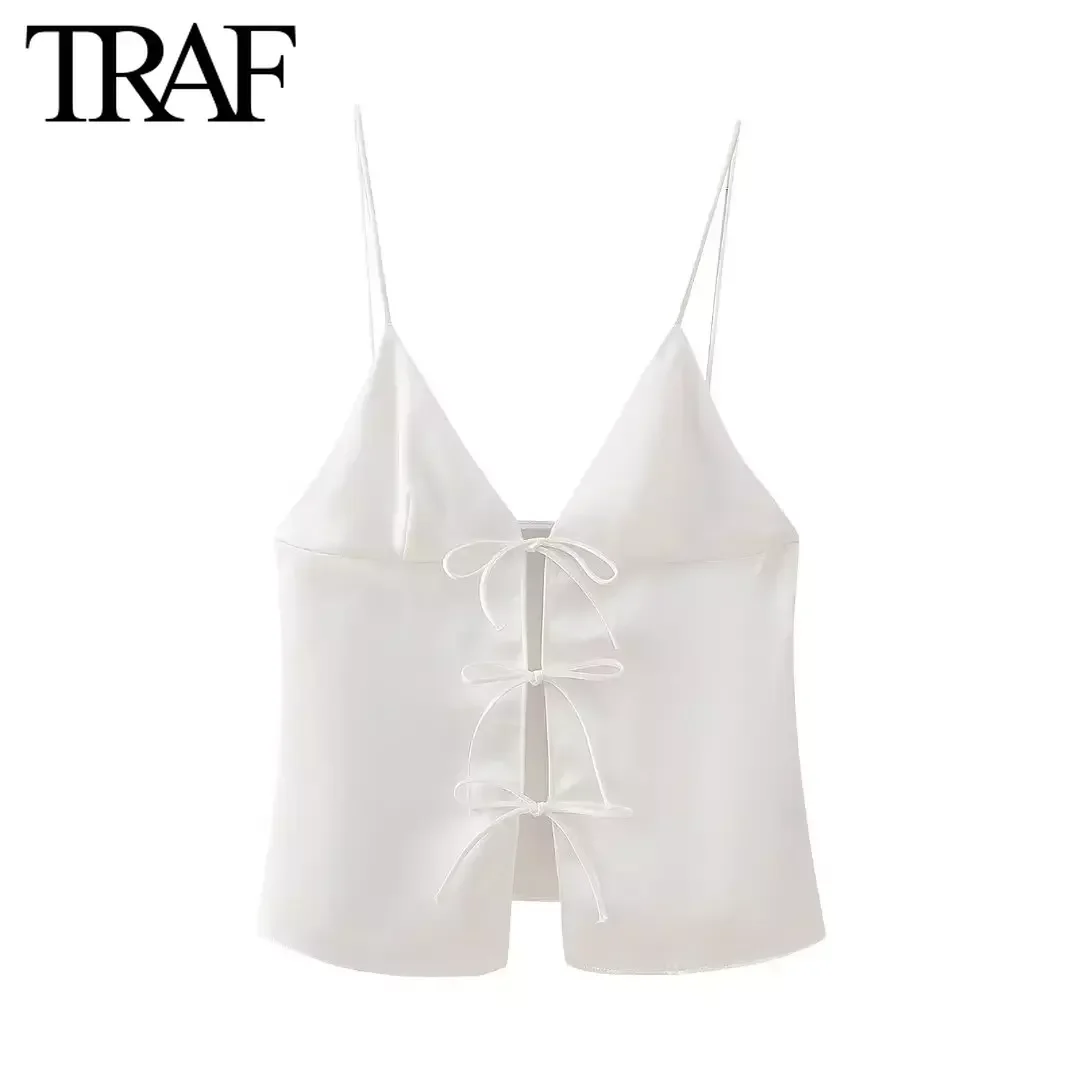 TRAF Women Fashion Summer New Sexy V-Neck Bow Satin Backless Sling Crop Top Chic Female Streetwear Clothing White Vest Mujer