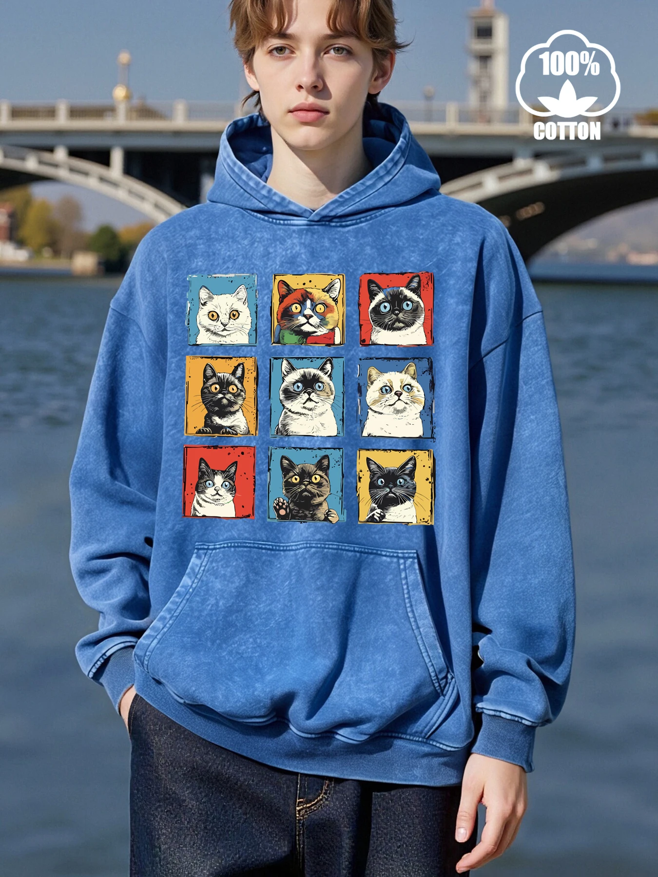 التعبير المختلف القطط طباعة الرجال الملابس لطيف فضفاض الشارع الشهير مضحك جيب هوديس الخريف أزياء القطن الرياضية #2