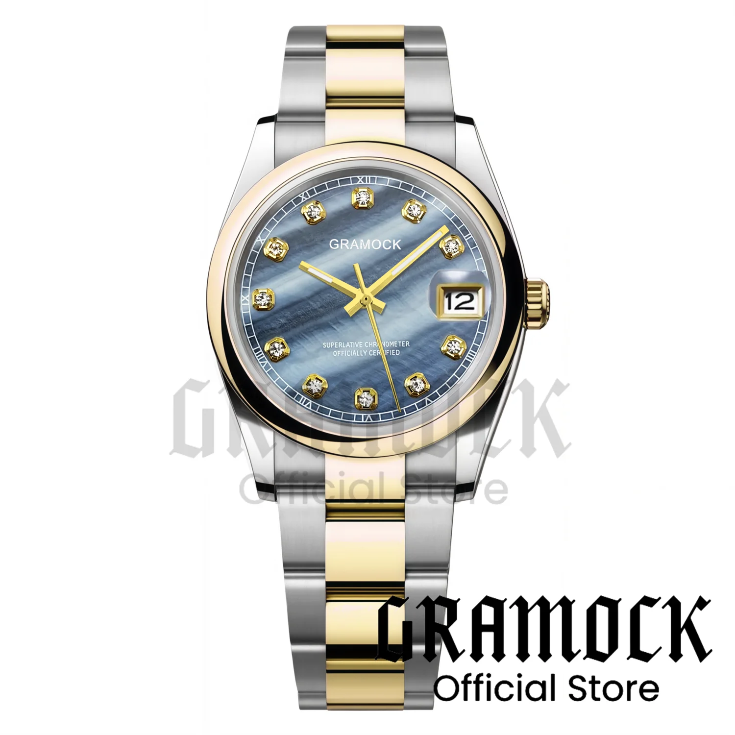 Gramock 36mm 39mm Luxury Two Tone Gold Men Watches Polished Bezel Pearl Dial Waterproof Sapphire NH35A Mechanical Watch For Men