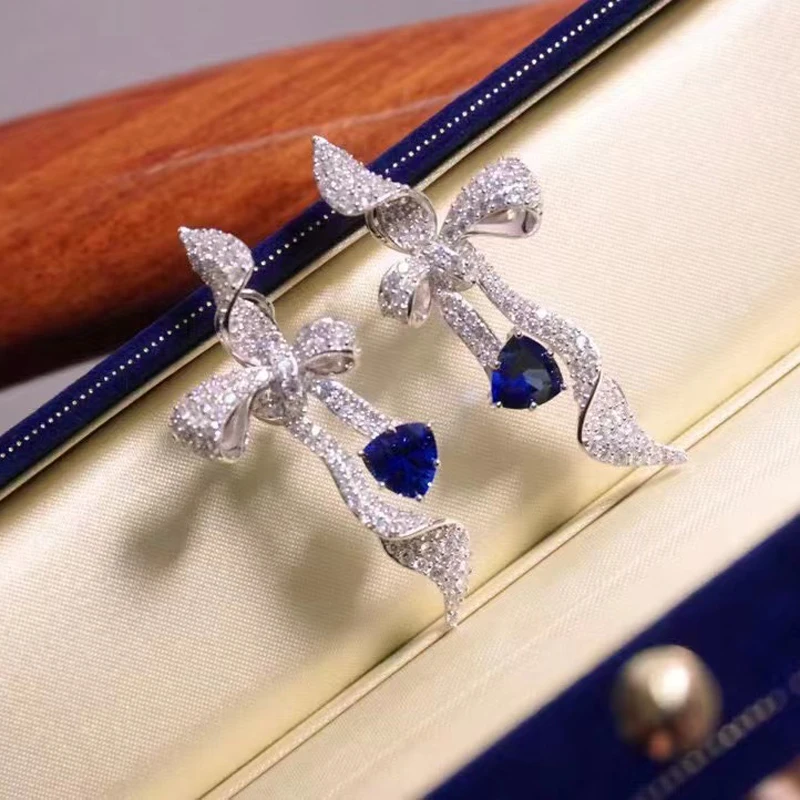 Bowknot Earrings For Women Girl Fine Jewelry Different Colors Female Gift 925Sterling Silver With Cubic Zircon Free Shipping