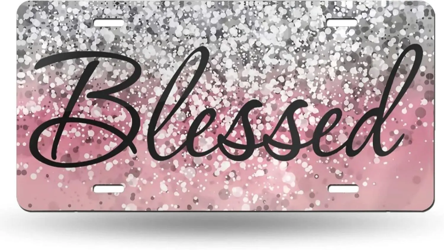 

Pink Glitter Blessed Car License Plate 6X12 Inch Aluminum Decorative Vanity Tag Cover with Holes Funny Novelty Accessory