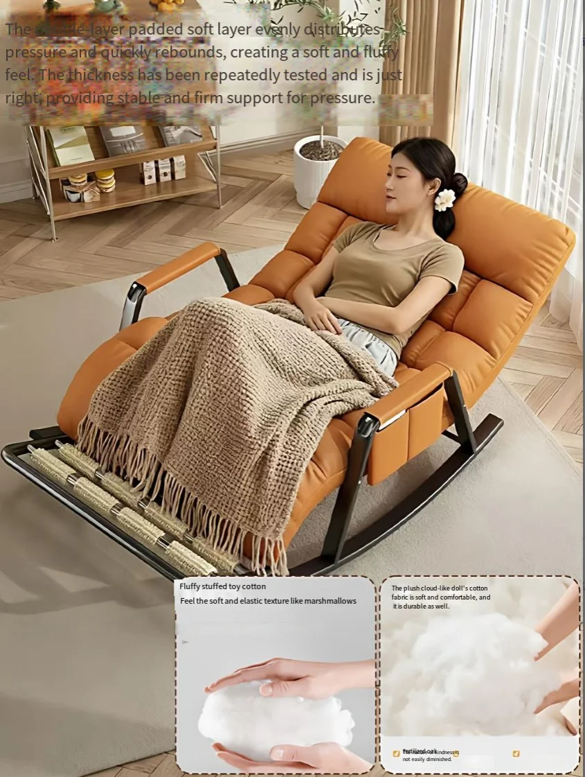 & New Upgraded Leisure Rocking Chair with Leather Craft Seat-Adjustable Backrest & Footrest Foldable Design for Naps Home Balcon