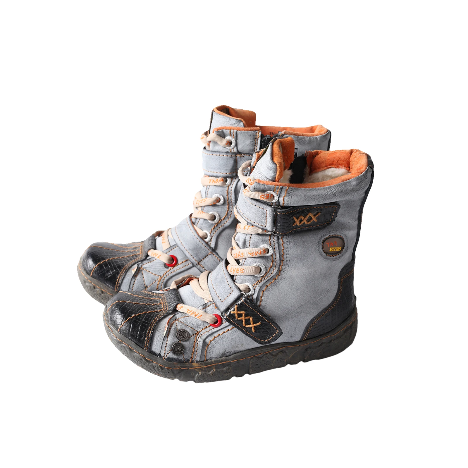 TMA EYES Stivale da donna in pelle PU lavata a doppia cinghia con fodera in pelliccia sintetica