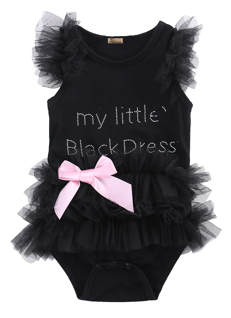 

Pudcoco US Stock Hot Newborn Baby Girls Bodysuits Fashion Embroidered Lace My Little Black Dress Letter infant Baby Bodysuit