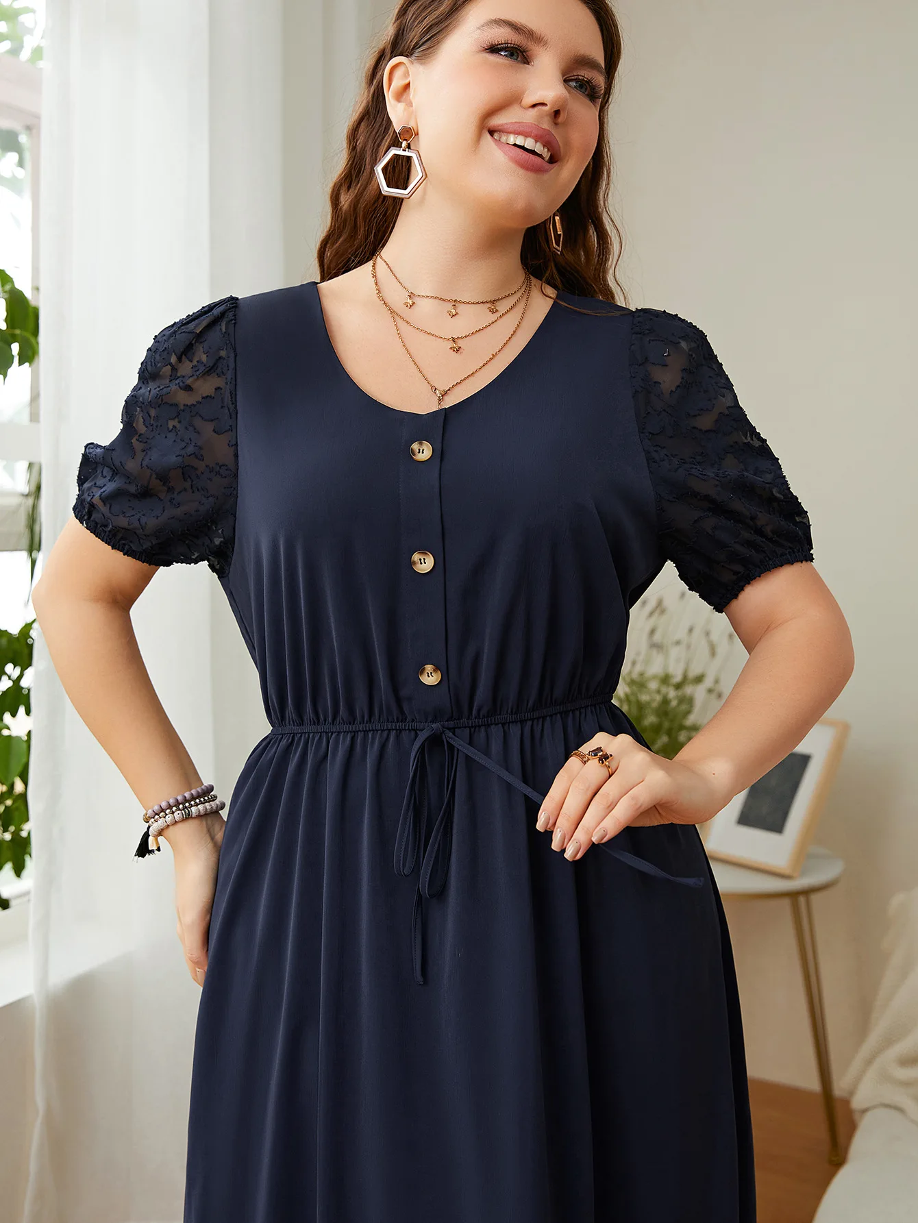 Sukienka Plus Size Krótki Rękaw Solidna Granatowa Długa Sukienka Oversize Wysoka Talia Odzież Damska Długość do kostek Casual O Szyja